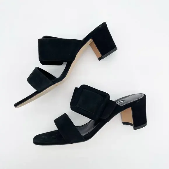 Manolo Blahnik Titubanew Black Suede Open Toe Buckle Mule Sandals Heels IT 36.5 - Picture 5 of 11